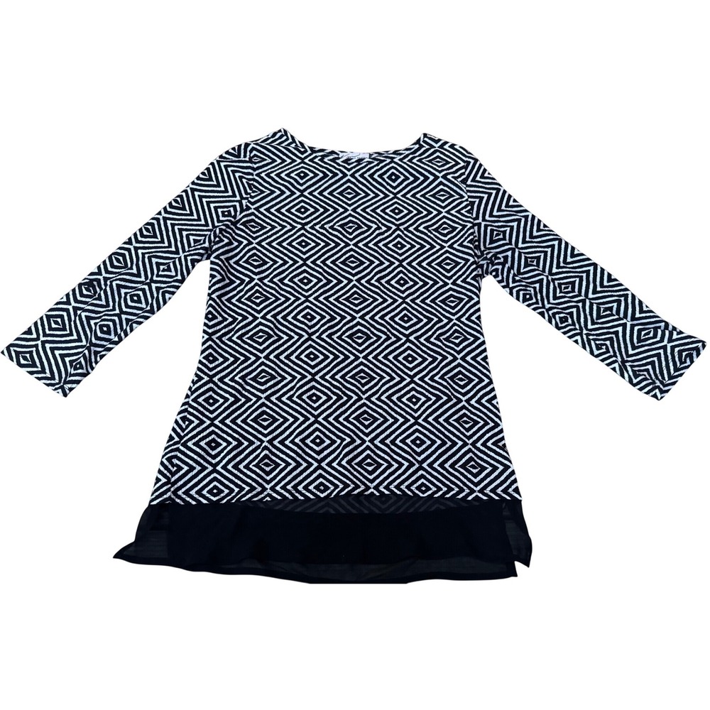Kim Rogers Women's Black White Geometric Diamond Sheer Hem Tunic size Medium